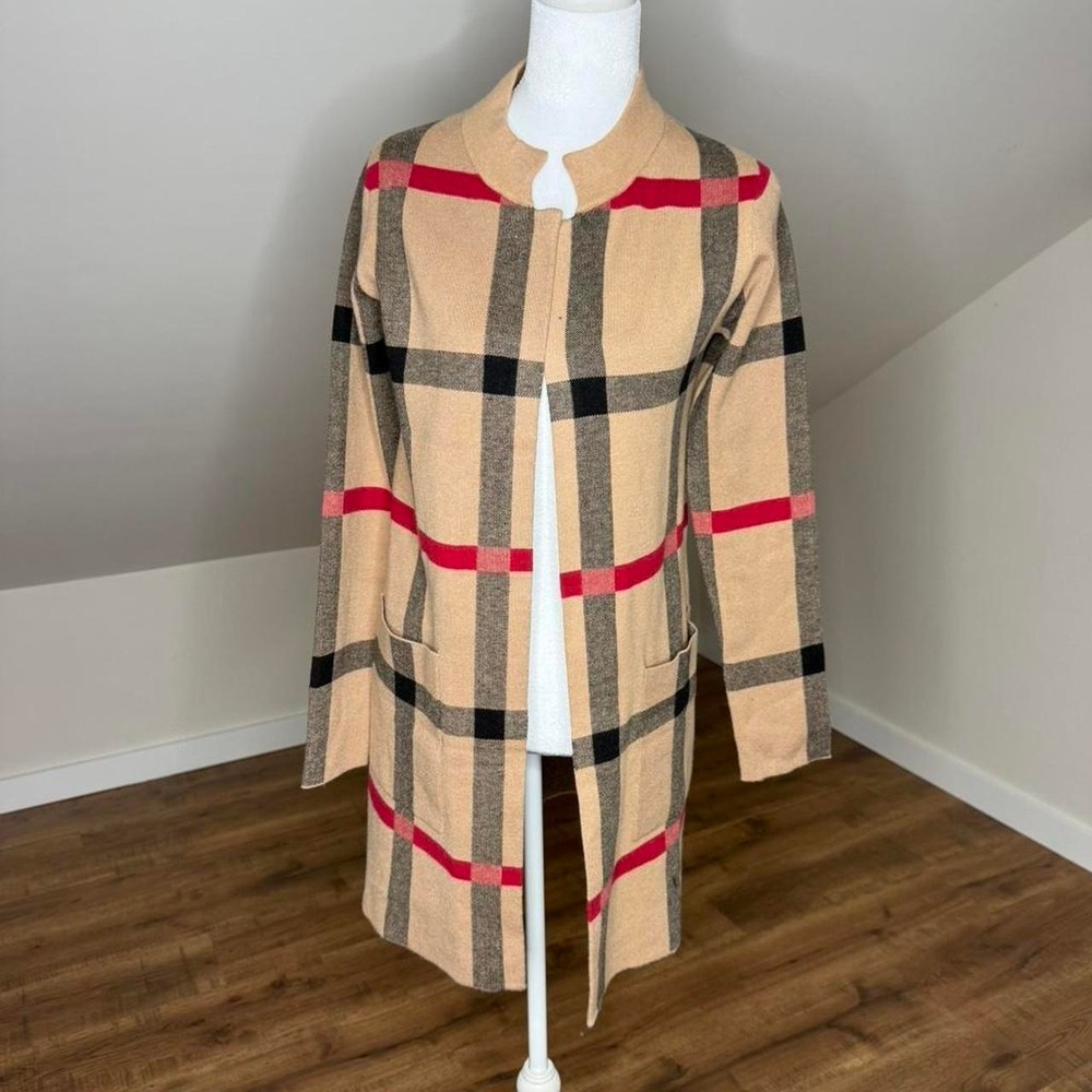 Tahari Camel Plaid Open Front Duster Cardigan Classic Check Grandma core Preppy